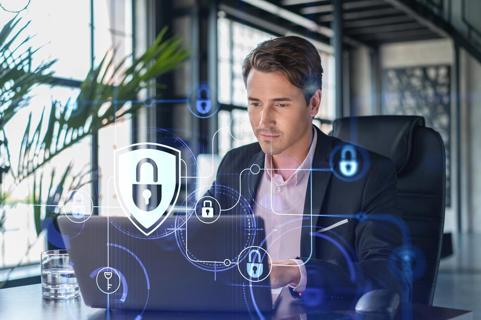 Handsome businessman in suit at workplace working with laptop to defend customer cyber security Concept of clients information protection and brainstorm Padlock hologram over office background